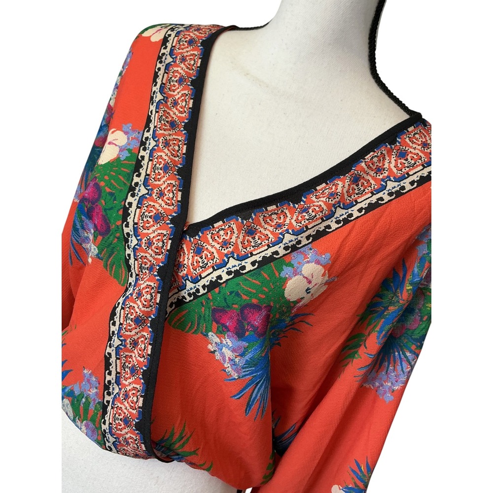 Flying Tomato Orange Tropical Floral Kimono Sleeve Wrap Crop Top IT1010GC-TJ M - Picture 3 of 8